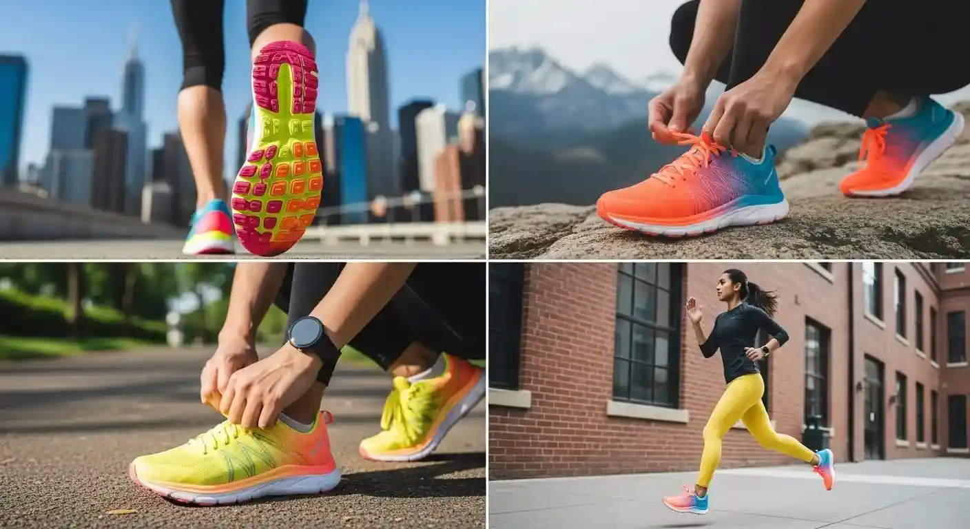 Runner wearing colorful Hoka shoes on a trail, showcasing comfort and style.